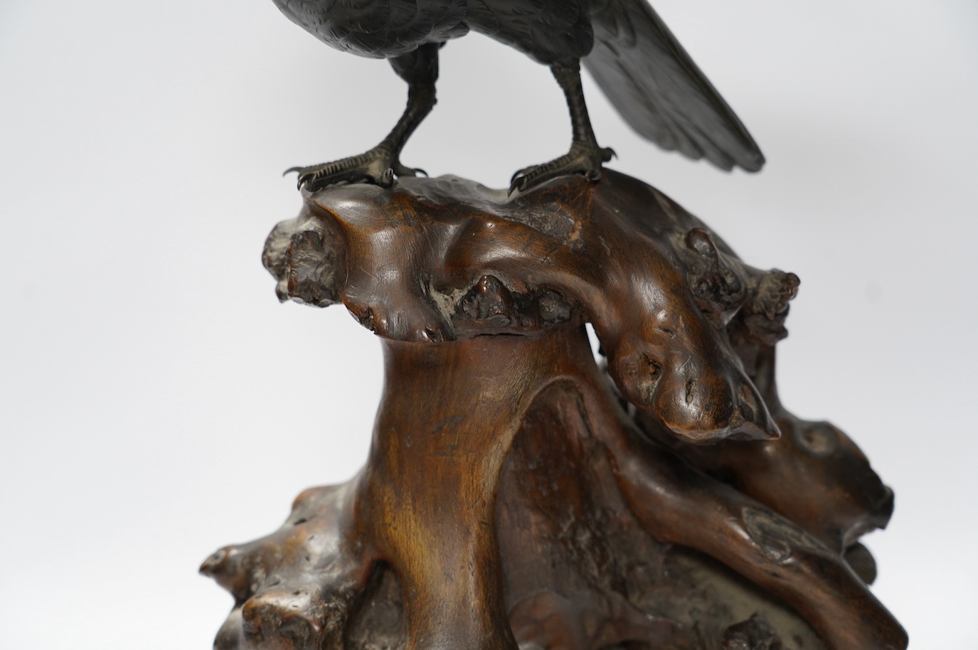 A Japanese Meiji period cast bronze model of a hawk, raised on a naturalistic carved root wood base, signed to tail underside, 39.5cm. Condition - good